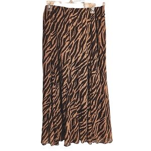Chicos Size 3 brown/tan zebra print midi skirt, stretchy waist, Brazilian lace.